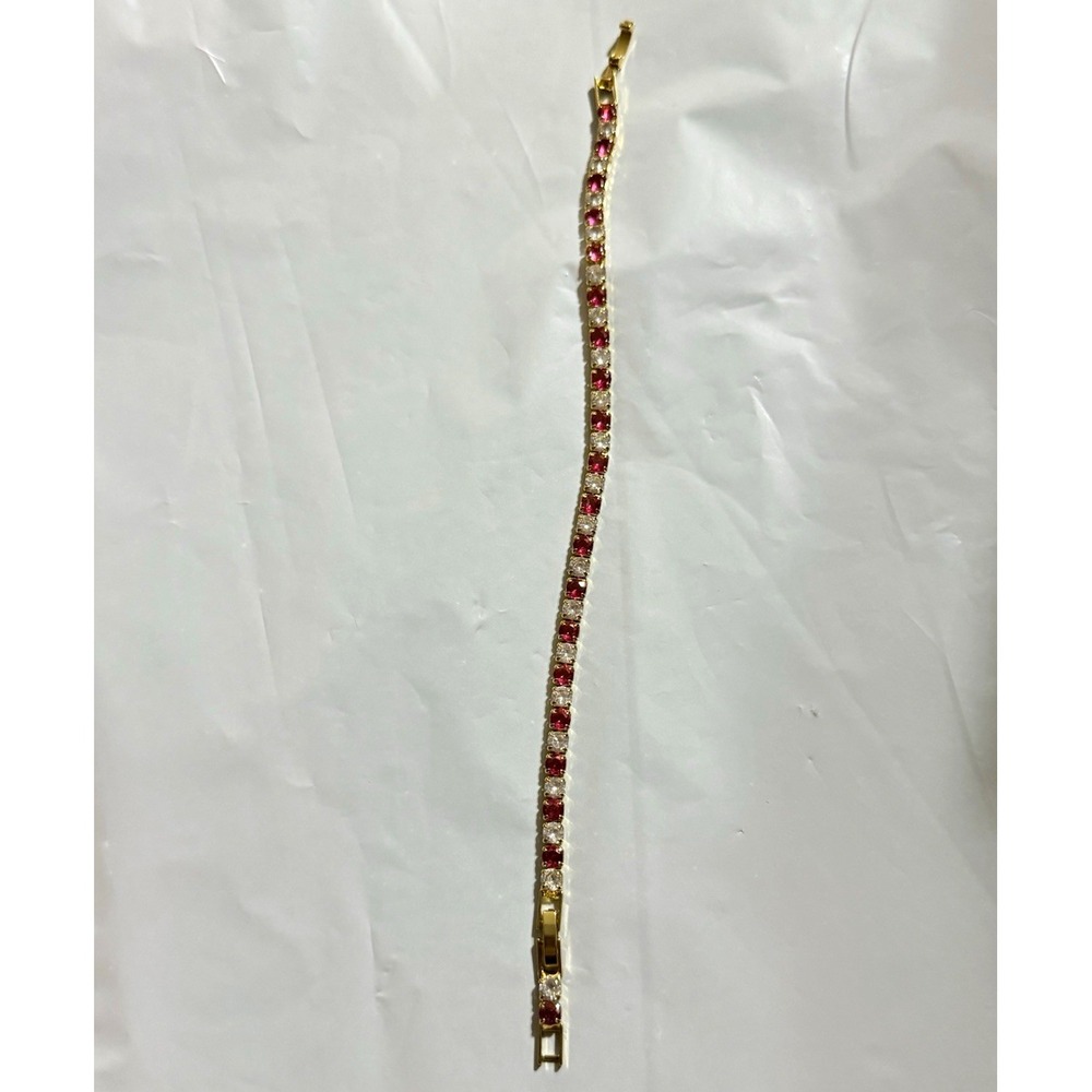 Gold Tone Tennis Bracelet Gold & Red Round Rhinestone Stones Red Rhinestones